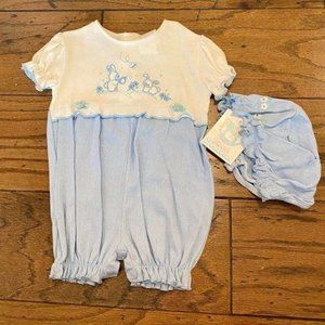 3-6M NWT Vintage Girl Blue Bunny Short Romper Bonnet
